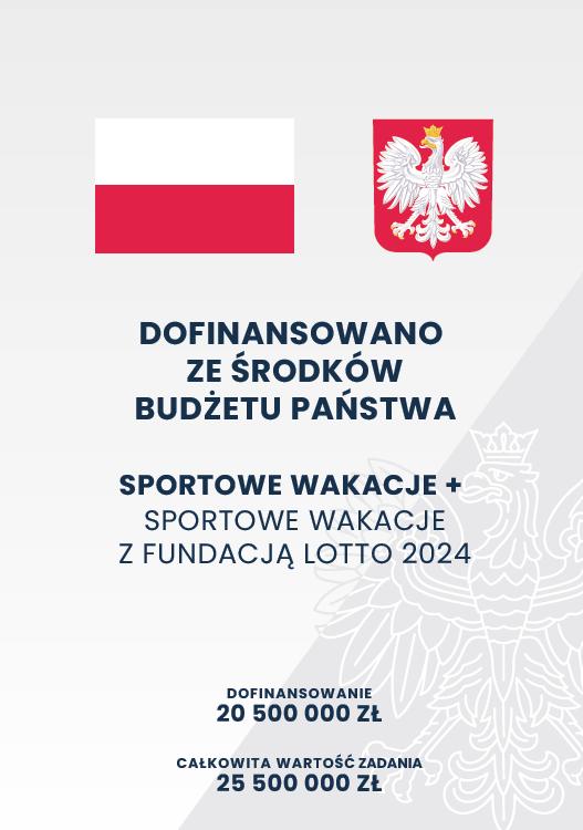 Grafika informująca o dofinansowaniu zadania ze środków budżetu państwa w ramach programu "Sportowe wakacje+" którego operatorem jest Fundacja LOTTO